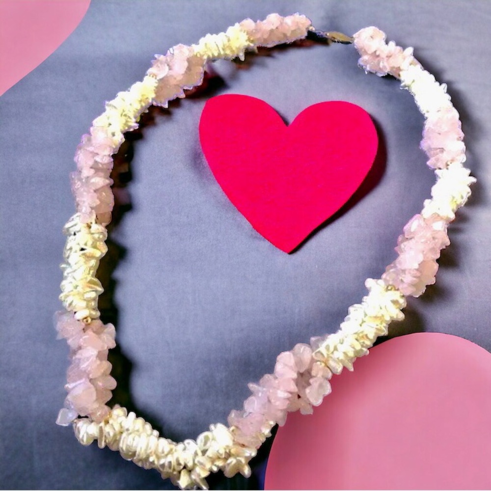 Vintage Necklace Freshwater Pearl + Rose Quartz Triple Multi-Strand Twis… - Picture 7 of 15